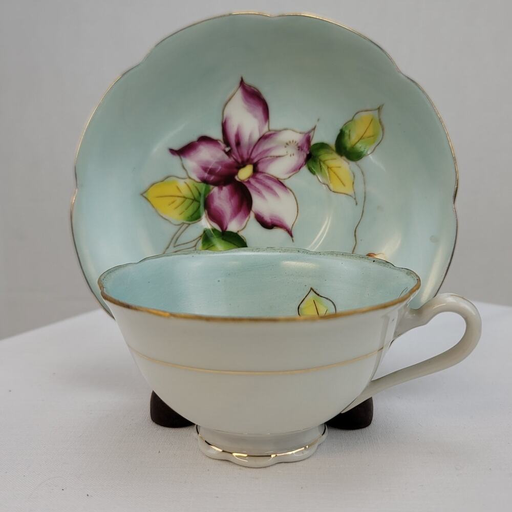 Light Blue Hand Painted Water Lotus Meissen Demitasse Cup Porcelain Plate S313